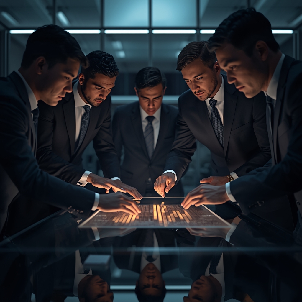 Generate image from Nano Banana2: A group of professional corporate executives in sharp suits analyzing a glowing digital chart on a glass table, cinematic lighting, ultra-realistic, highly detailed, no woman